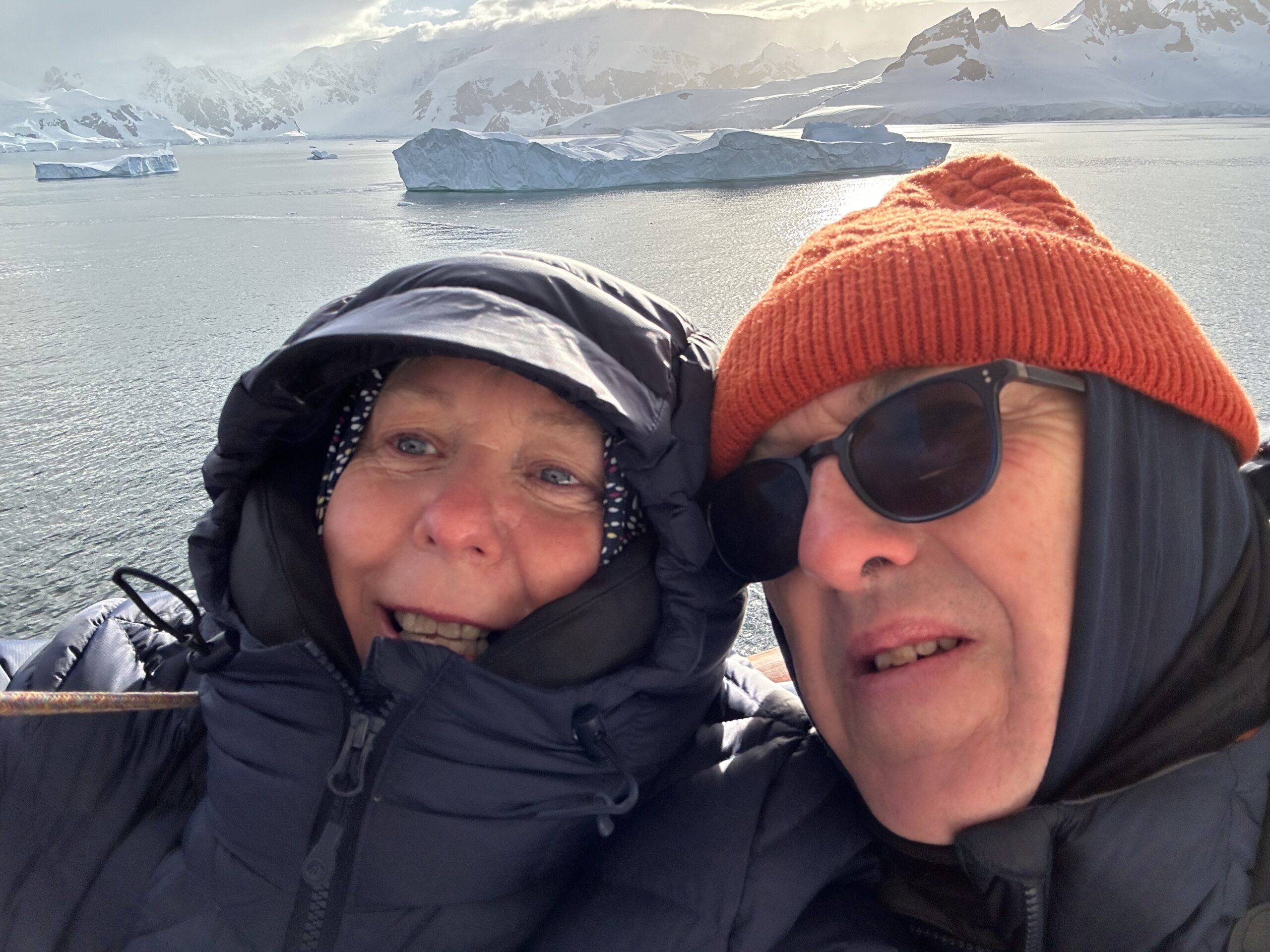 Photograph of Dr Carol Sargent and her husband Gary on holiday in Antartica